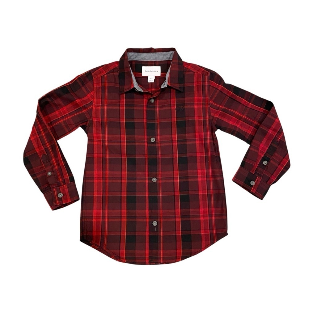 Calvin Klein Boys Plaid Button Down Shirt Size 6 Red Black Long Sleeve NWT